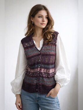 Hand Embroidered Ivy Knit Vest Purple Fair Isle Ramie Rayon Cottagecore Boho L